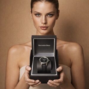 Mercedes-Benz Black CrystalWristwatch Leather Strap Luxury Timepiece